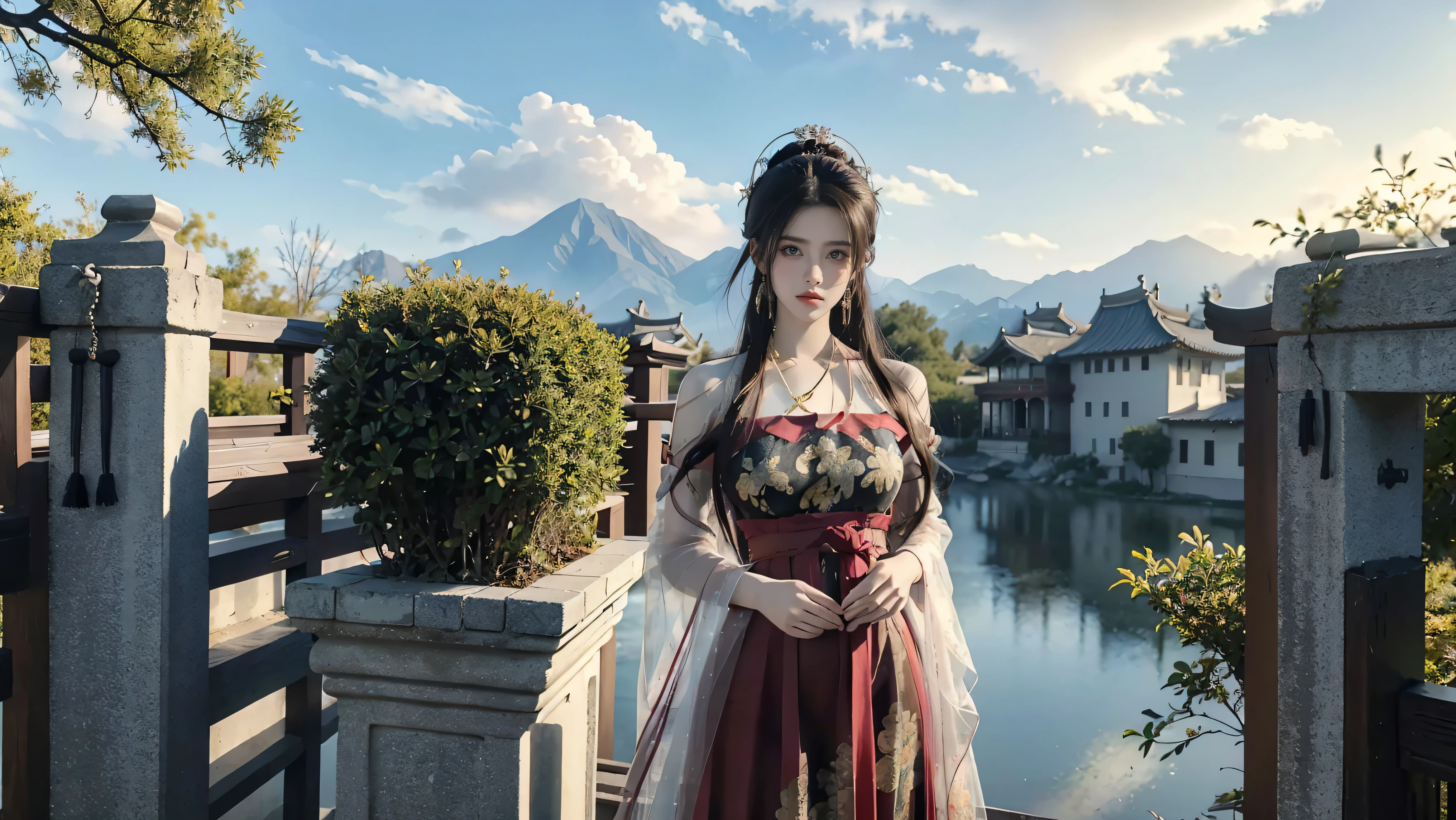 （masterpiece），（Ultra Detailed），（high quality），girl in red dress，（（Transparent tulle Hanfu）），Casual hairstyle，Hair Bun，Golden hairpin，Gemstone Earrings，Gemstone Necklace，Exquisite facial features，clavicle，（Large Breasts），Thin waist，Smooth and delicate skin，Chinese style，Ancient buildings，（Realism：1.2），Sky，White Cloud，garden，CG，Vision，Full body picture，8k