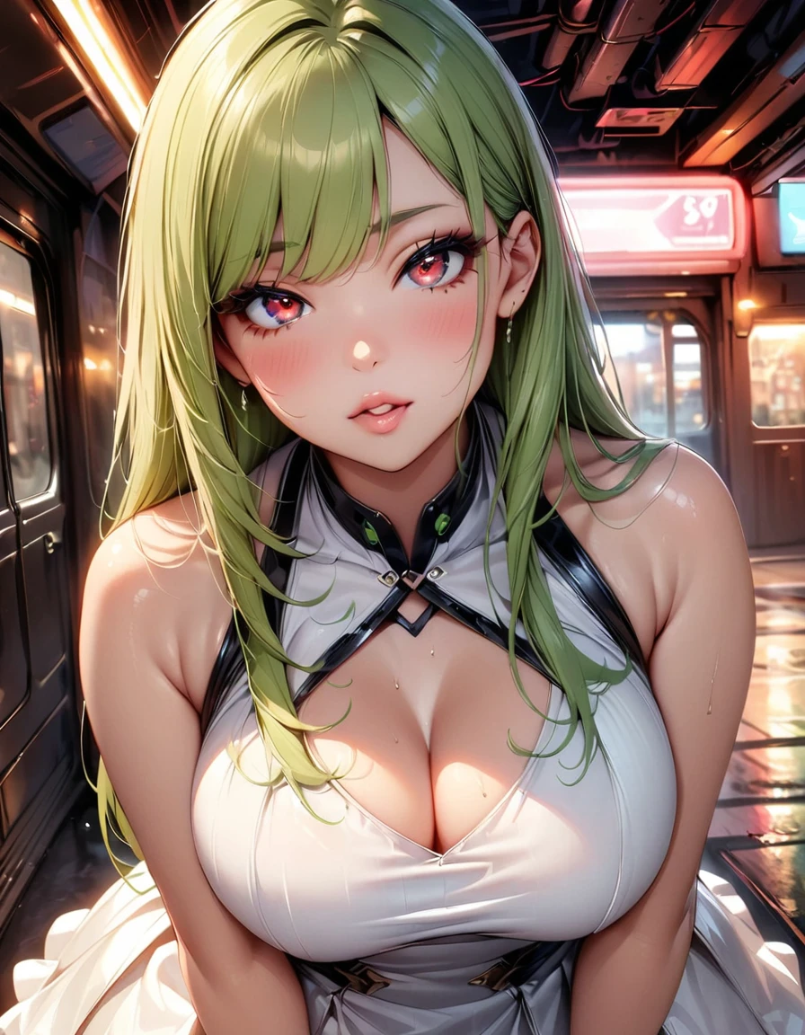 score_9, score_8_up, score_7_up, score_6_up, score_5_up, 1girl, solo, green hair, straight hair, long hair, red eyes, glowing eyes, sultry eyes, juicy lips, plump lips, glossy lips, soft blush, dolly face, eyelashes, eyeliner, large breasts, pale skin, ((white satin dress)), ((short dress)), realistic background, warm lightning, very detailed clothes, very detailed face, very detailed eyes, very detailed hair, ultra, best quality, masterpiece, looking at viewer, in love with the viewer, full body.