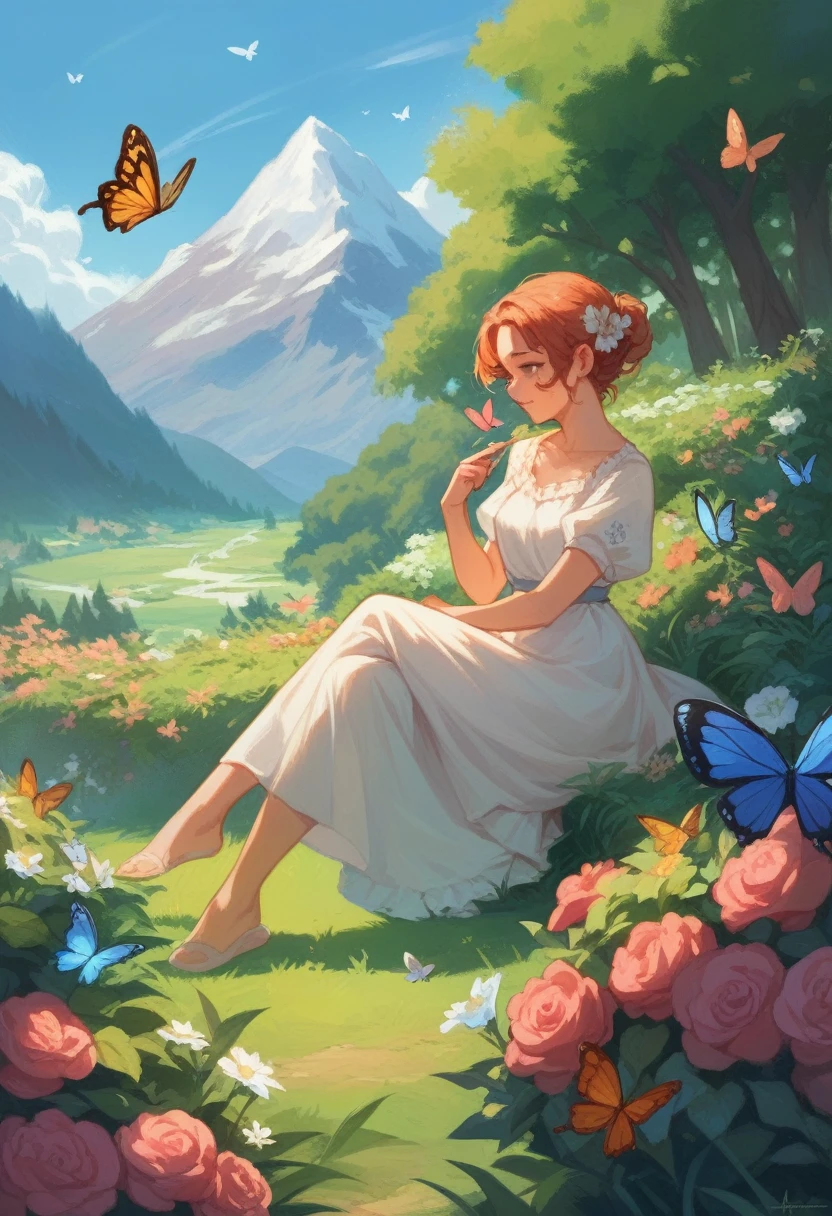 age girl, playing with butterflies, mountain flower garden, surrounded by nature, enjoying the moment