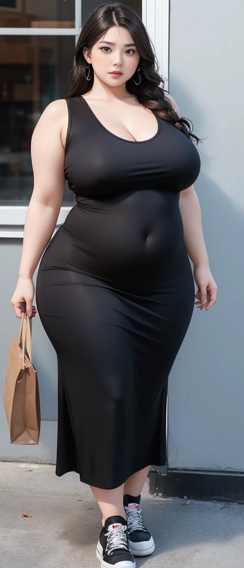 Chubby woman with fat belly and tight thighs, full body, 30-year-old mature woman, thick hips, thick neck, thick chest, big eyes, wearing a longest dress, wearing a sneakers 