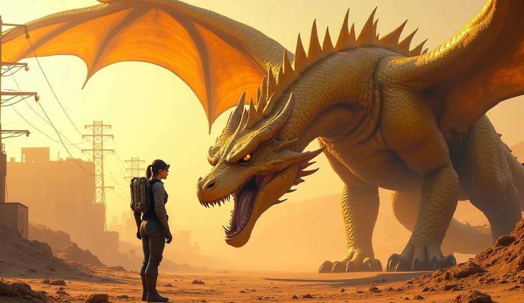 A large golden dragon faces a woman., A woman dressed in female character wearing goggles stands in the desert., in the style of cyberpunk imagery.Desert Scene
