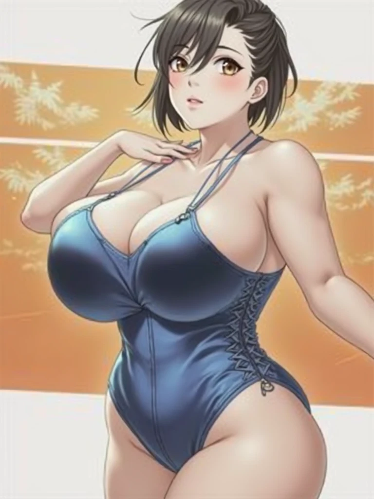 a beautiful japanese  girl, extremely large breasts, tight swimsuit, detailed eyes, perfect skin, long hair, intricate swimsuit design, photorealistic, highly detailed, 8k, cinematic lighting, vivid colors, dramatic pose, beautiful background, elegant, sensual