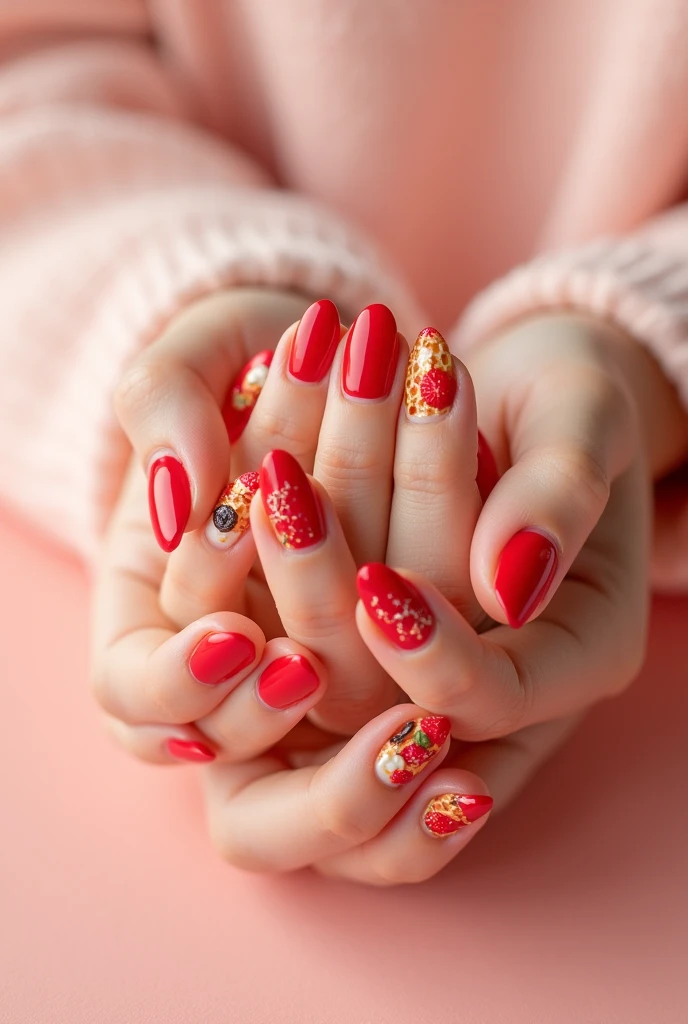 Red nails with breakfast design 