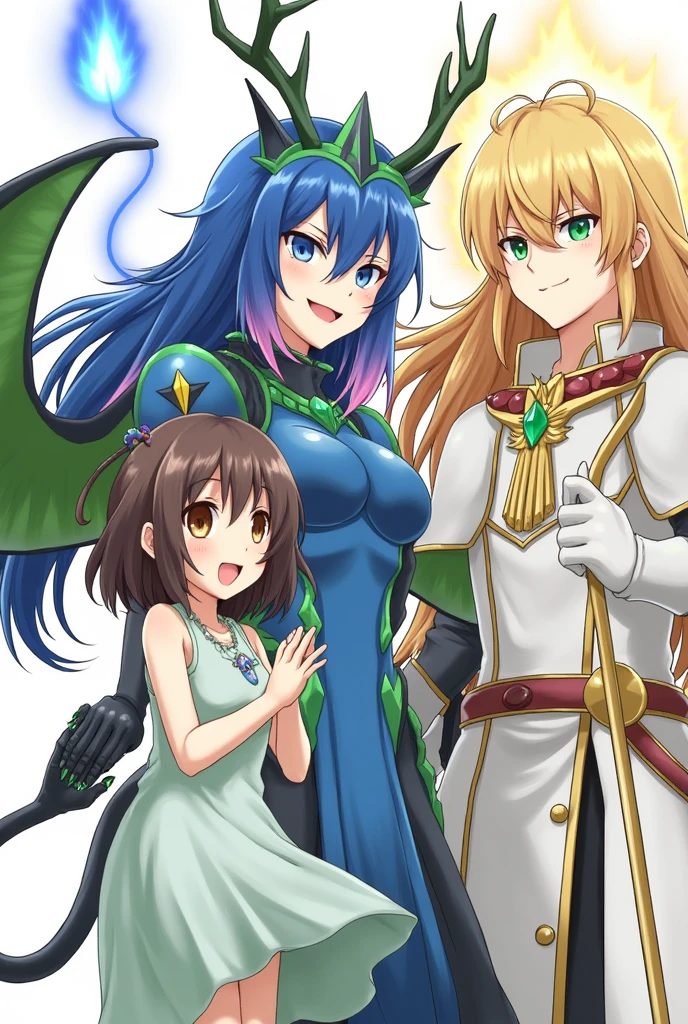 A woman wearing blue armor that covers her body with green details,Her armor is not sexy and she has blue hair and the tips of her hair are pink, she has deer antlers, one eye is blue and the other is brown, She has green feathered wings and a lion's tail, Her hands have black, jagged nails and she releases blue fire, next to her is a girl with loose curly brown hair, she wears a simple white dress, Her eyes are brown and she is holding hands with a man with long blond hair. He is wearing white armor with gold details., wears a red stone necklace and has green eyes, he holds a golden spear and has a yellow aura. Ps three characters are smiling