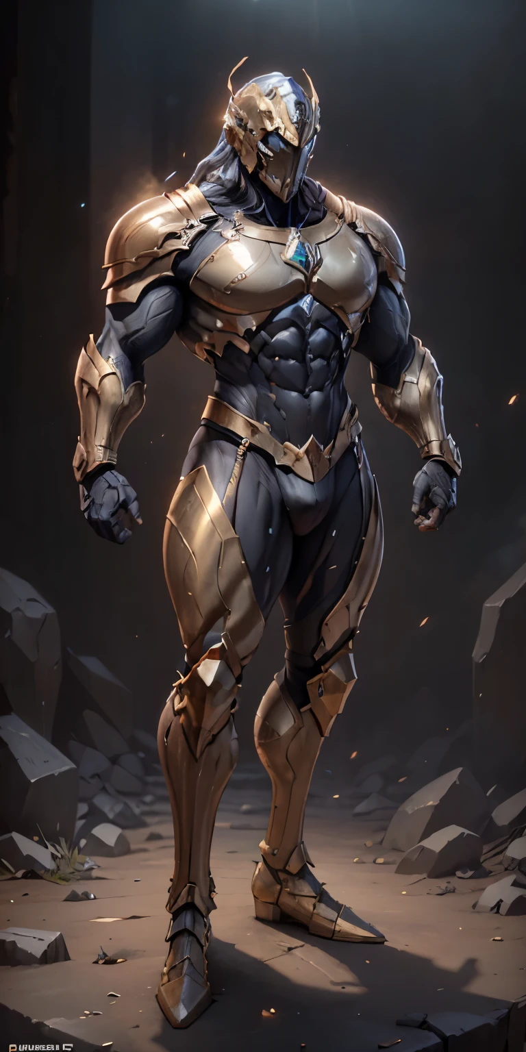 Gold Stormcast Eternal from Age Of Sigmar, frontal, One-piece helmet, with a mask that represents an expressionless male face, Stormcast Eternal soldier, Stormcast Eternal armor, full-length, looking at the camera, facing the audience, standing pose, simple background, three-dimensional light, detailed full-body concept, muscular male, bodybuilder body, Massive body, ((really big muscle, massive muscular, sixpack, narrow waist, chiseled abs, thick arms, wide pectoral, super huge muscle, hyper muscular, over sized muscle, huge arms, big arms, huge pectoral)), male, solo, sleek digital concept art, beautiful full-body concept art, art trend, CGsociety full-length,