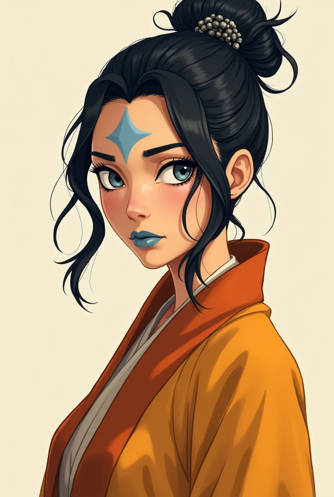 Avatar Korra wearing an air nomad robe, using black eyeliner around the eyes, a light blue lipstick, hair tied in a bun, with a black stone flower pretending to be the hairstyle. 2d image