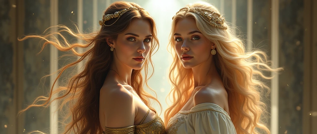 Two very beautiful virgins, Brown-haired Artemis from Greek mythology, Freyja the Blonde in Norse Mythology, whole body, Looking at the camera