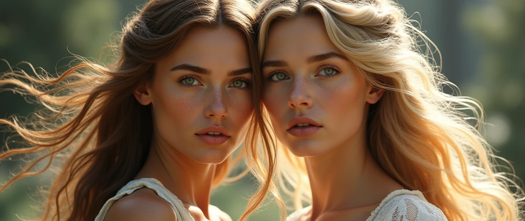 Two very beautiful virgins, Brown-haired Artemis from Greek mythology, Freyja the Blonde in Norse Mythology, whole body, Looking at the camera