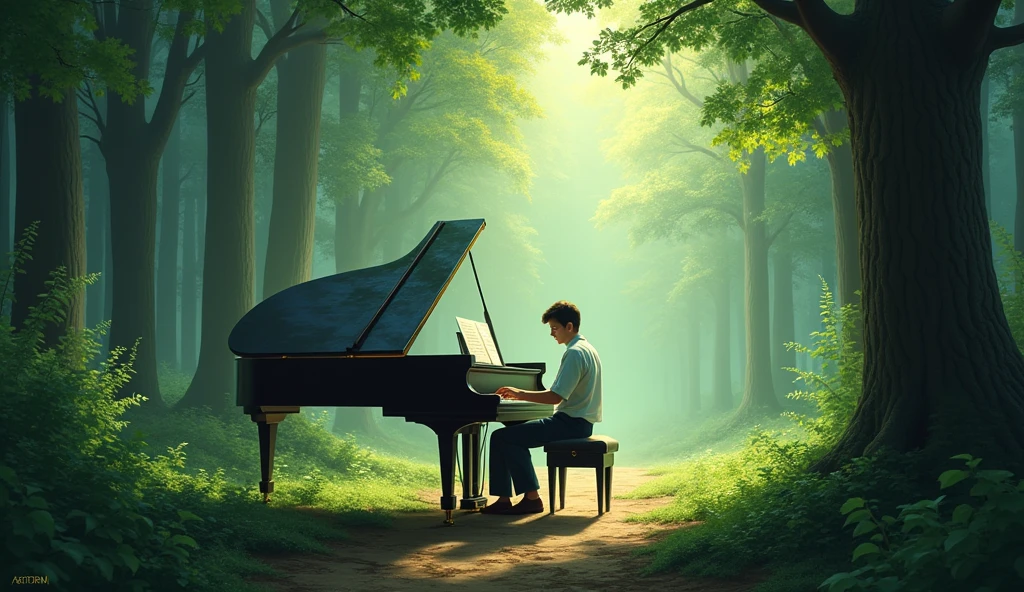 A serene scene of a pianist playing a grand piano in the middle of a tranquil forest, soft sunlight filtering through the trees, cross in the center illuminated by a gentle glow, peaceful atmosphere, hyperrealistic, detailed textures, cinematic lighting, masterpiece digital art, by Greg Rutkowski and Artgerm, 4k resolution.