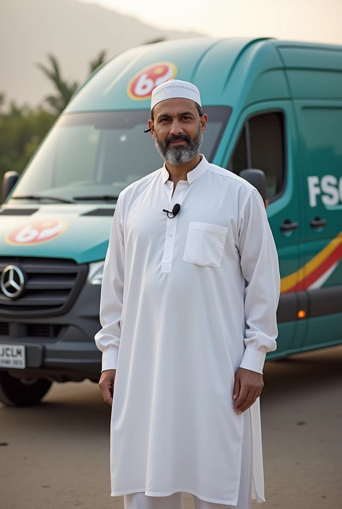 Crate a news man image with qameez shalwar and bachside news car in special news logo fix age clean shave and head Cap