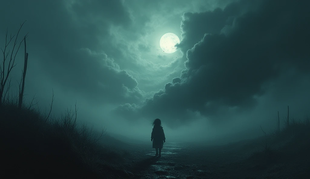 A chilling sound of a child crying softly comes from outside, blending with the howling wind.