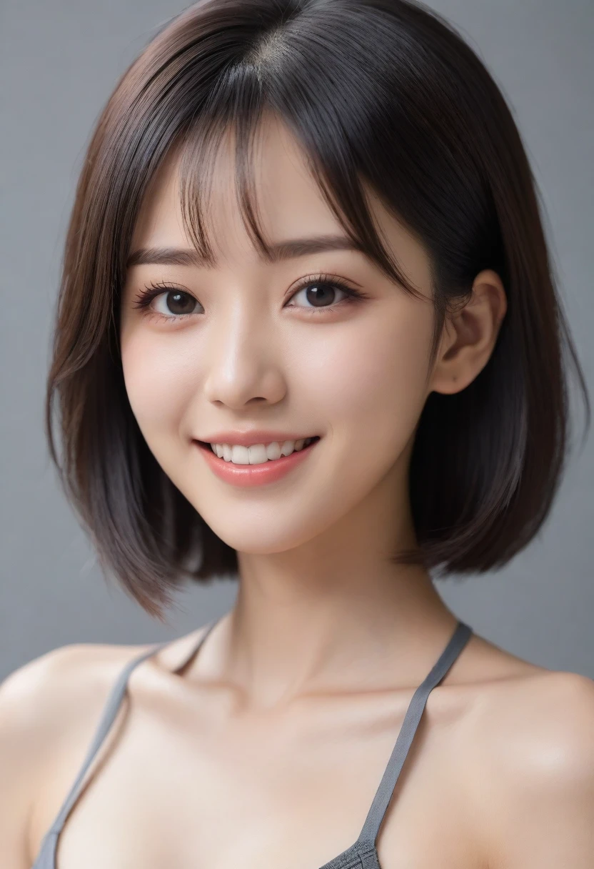 8k, Ultra-high resolution, best quality, masterpiece, 三分割法によるphoto,Surrealism, photo, 1 girl,LD:1.3), pretty girl, cute face, 每個細節都beauty的眼睛, 細かくdetailedに,masterpiece,, a girl:1.2, Japanese female announcer,Upper Body,Sports gym,Good tops,Sweat drips from my chest,Refreshing sweat,Full of sexy charm,Sensual,carefree smile,Heal the soul,black hair,short bob,looking at the audience、beauty,long neck、smile a little、please close your mouth and laugh、(((ideal body shape))),Small breasts of one cup size :2,、Portrait:2、perfect anatomy、鮮明なdetailed、detailed、Surrealism、light and shadow,Bright light