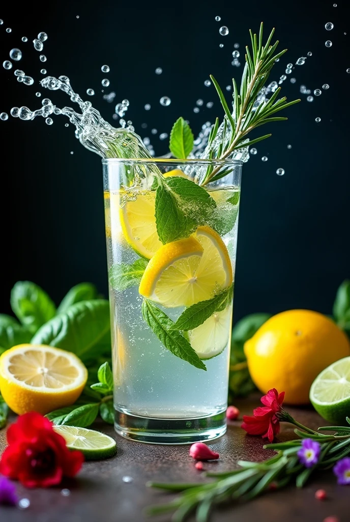 (Movie-like photos:1.3) of (Realistic:1.3) a studio shot of a (explode:0.2) (Low gravity of fruit:1.1) (Splash:0.9) A glass of water with lots of herbs, ミントとbasilとrosemary、Contains lemon and lime, Splash Image, Full Color, In Kamba, splashes of liquid, Drink, Mint and basil and flower, Next to lemon and lime and flower, Strong colors, ticker, Invoking joy, Water swirls, Fred Marcellin, Top selection when splash is removed, professional food photography, Artistic photography. Black background,Red and purple flowers on the table、basil、rosemary、Herbs fly