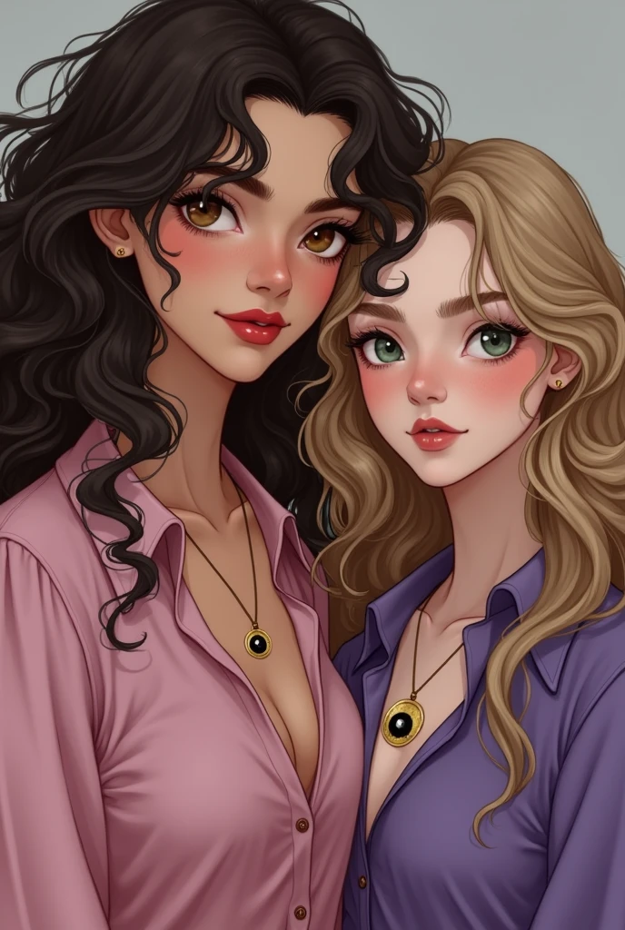 twogirls, a tall white girl, with light brown curly and wavy hair and, brown eyes and using lip gloss, with a golden evil eye necklace, wearing a pink blouse, the other white, with long dark blonde wavy hair, com olhos verdes claros, wearing an earring, wearing a purple blouse