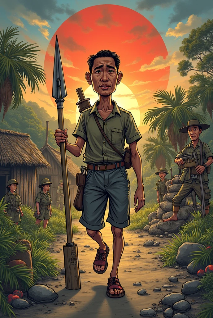 (Caricature)(Sketch) Create a caricature showcasing the daily struggles and resilience of Filipinos during the Japanese occupation in World War II.
1. **Central Figure**: Depict a Filipino guerrilla fighter, dressed in a makeshift uniform with a bamboo spear, representing the resistance. He should be portrayed with exaggerated features of courage and determination.
2. **Background**: Illustrate a rural setting with a Japanese military checkpoint. Add elements like makeshift barricades and hidden food supplies to show how Filipinos adapted to wartime conditions.
3. **Additional Elements**:
- **Local Villagers**: Show villagers with exaggerated expressions of worry and resourcefulness, such as women hiding supplies in baskets and children peeking out from behind trees.
- **Japanese Soldiers**: Illustrate them with exaggerated features to emphasize their dominance and control, such as large, imposing figures with stern expressions.
- **Resistance Symbols**: Include symbols of resistance, like secret coded messages or hidden weapons.
4. **Symbolic Elements**: Add a background of destroyed or abandoned pre-war structures to emphasize the impact of the occupation, and a faint, hopeful sunrise on the horizon to symbolize the eventual liberation and hope for the future.
This caricature should highlight both the hardships faced and the ingenuity and bravery of Filipinos during the Japanese occupation.