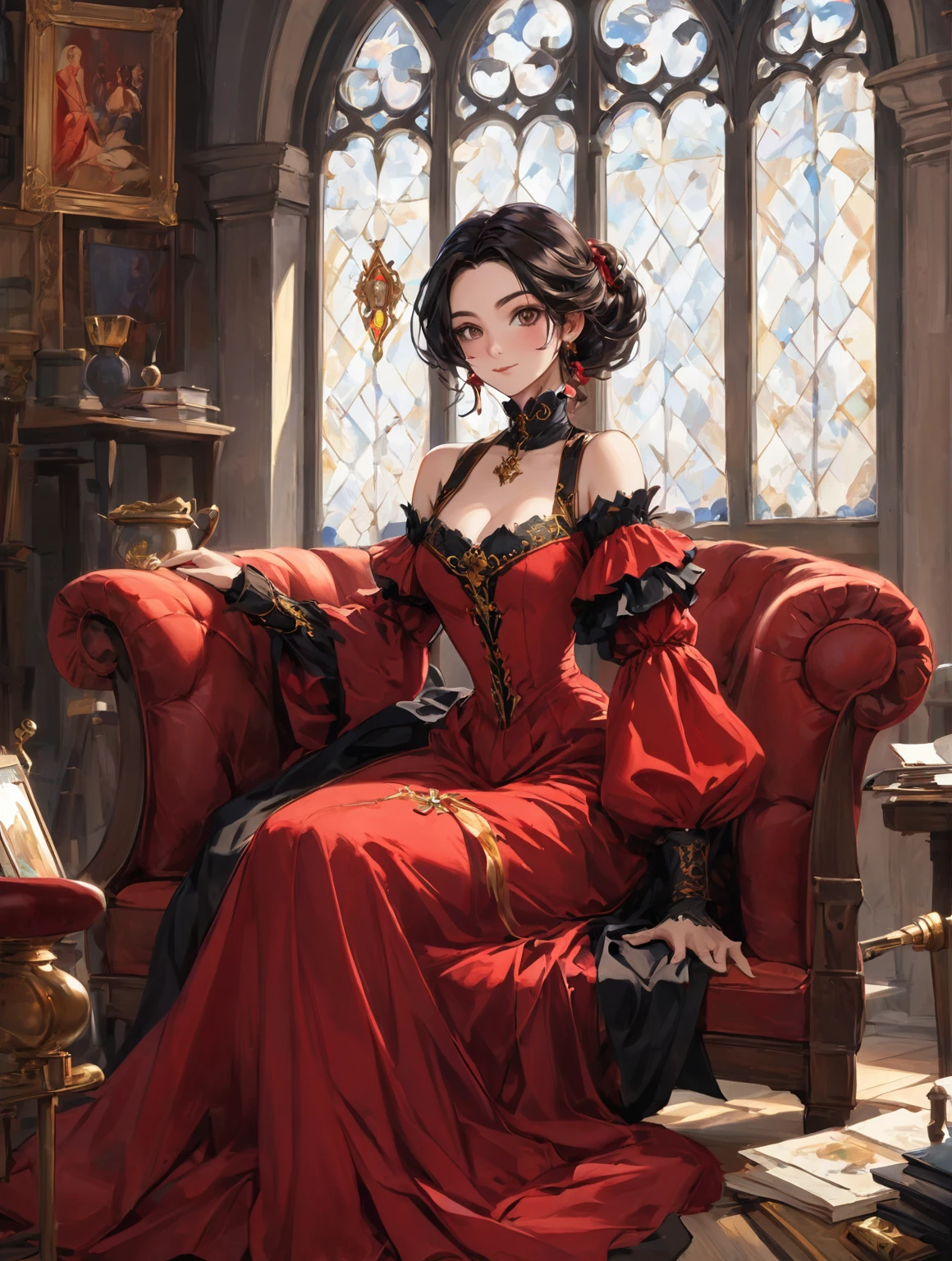 anime woman with wavy ebony hair of medium-length partially tied in a fancy updo, dark brown eyes. wearing renaissance elegant red and black dress with gold detals and with long, open shoulder sleeves. she is in a medieval painter studio, full of art supplies scattered in the background and stoked in the walls. she is sitting in a red couch holding a lute with a content expression. a gothic castle window provided enough light into the room (masterpiece), best quality, expressive eyes, perfect face