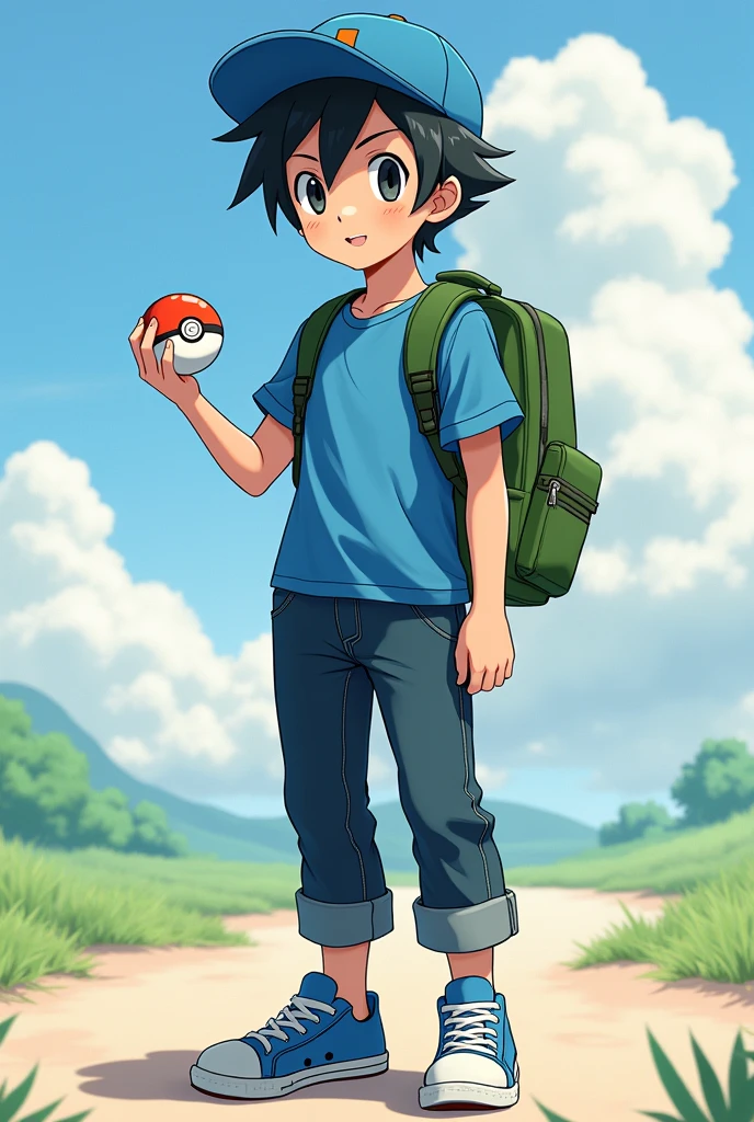 A boy who is 1.69 with a blue shirt, a dark green backpack, dark blue jeans, blue tennis shoes, straight, messy black hair, black eyes, white skin, straight, messy black hair, a blue cap, and holds a pokeball in one hand, and is anime, black eyes.