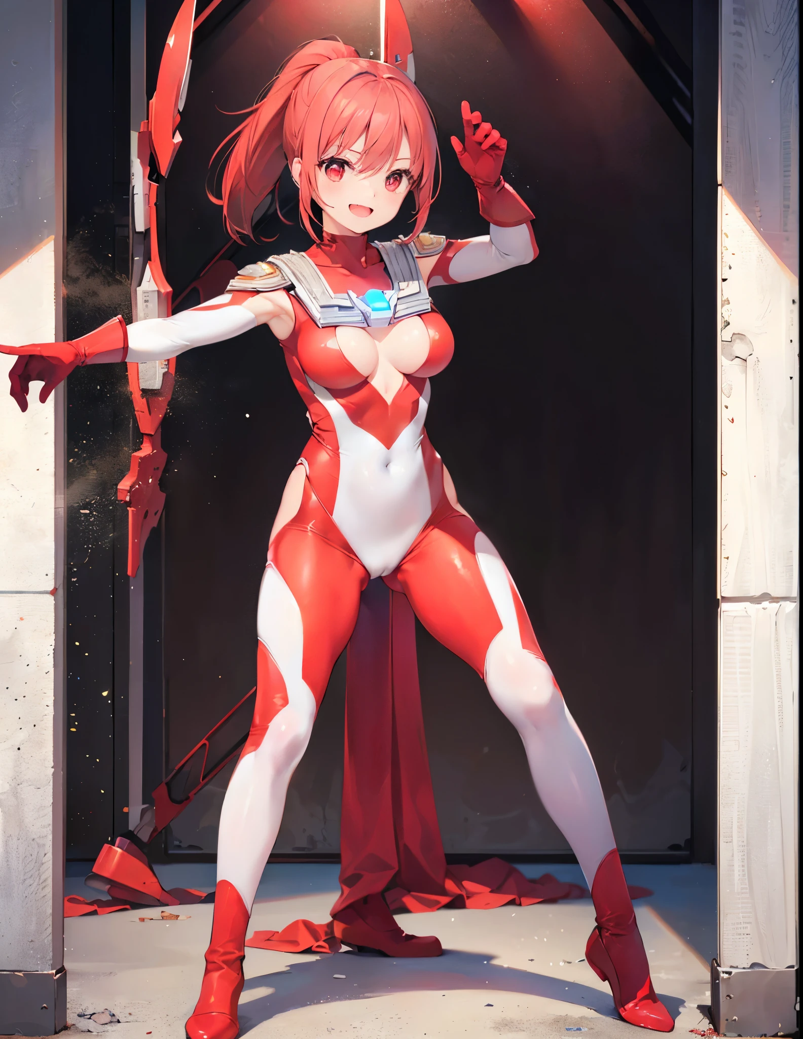 Realistic,highest quality, Ultra Detail, High-quality CG rendering, The most delicate and beautiful, Floating softly, High resolution, (1 girl), (Highest quality,4K,8K,masterpiece:1.2),(All red hair:1.5), (Medium Hair:1.5),(Red eyes:1.5), (Ultra Girl:1.0), (All red Ultraman bodysuit:1.4),(Slightly larger breasts:1.5), (Red gloves:1.3),(Red Shoes:1.3),whole body