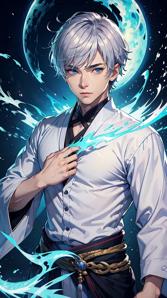 ((Highest quality)), ((masterpiece)), Handsome、kimono、mysterious、Upper Body、True Face、Short Hair、Beautiful eyes、bluish-silver hair、good looking、Beautiful chest、White dragon behind