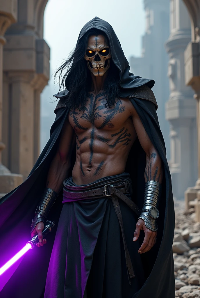 Dark male Sith lord wearing glowing yellow eyed skull paint, with long, wavy, messy black hair, . Wearing a black hooded cloak and dark metal belt and polished silver bracelets and shoulder pads..His heavily scarred chest is exposed beneath his black cloak. In an attack pose he holds a purple lightsaber in an arena of ruins.