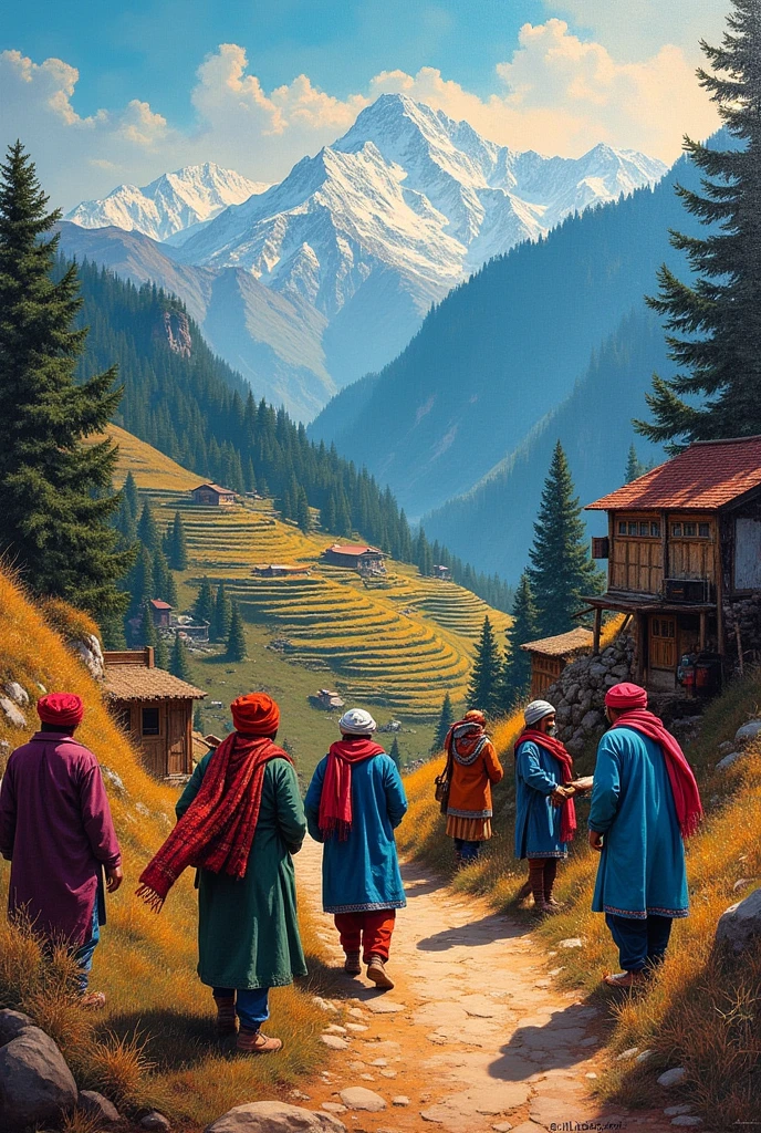 Acrylic painting representing himachal culture and himachal landscape 