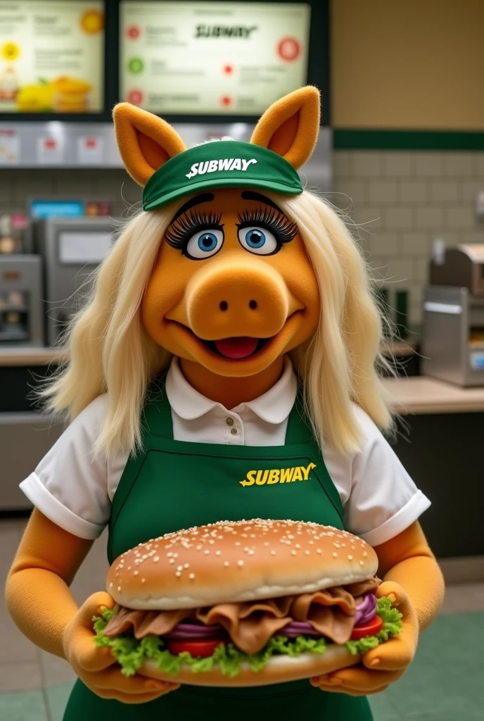 Miss Piggy as a saleswoman at Subway with a sandwich in her hand