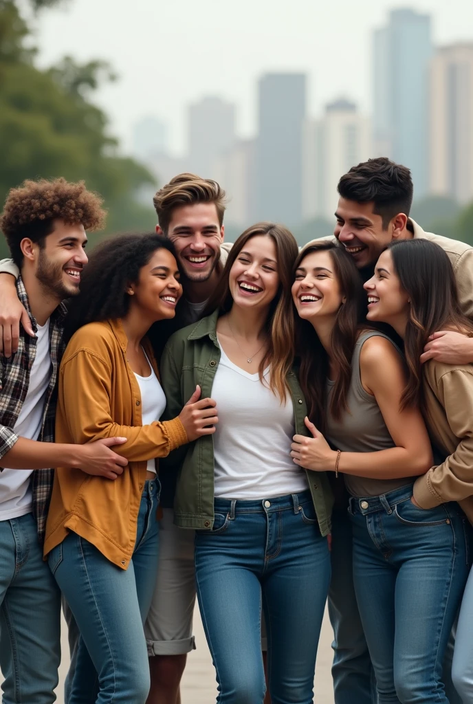 8 young people from behind hugging each other from side to side