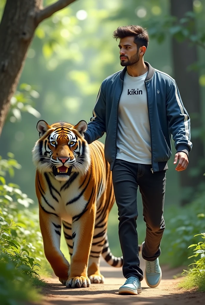 picture featuring a guy with a white t-shirt that says "kikin", a blue baseball jacket, black jeans and light blue slop shoes. The guy was seen leading a mountain tiger, The background and atmosphere in this photo is in a dense forest on a bright day, hiper realism, HD