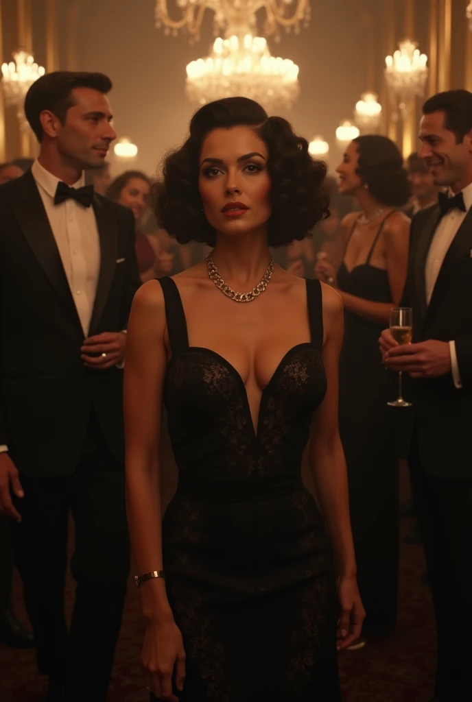 "Photorealistic cinematic scene of a glamorous 1930s Hollywood party, dimly lit with an elegant ambiance. The camera glides through a sea of elegantly dressed guests, champagne glasses clinking, and soft laughter echoing in the background. The scene captures the lively yet refined atmosphere of the party, with detailed textures and rich lighting highlighting the luxurious attire and décor. The focal point is Hedy Lamarr, radiant in a stunning gown, her eyes reflecting both allure and an unspoken brilliance as she steps away from the crowd towards a quiet corner. The scene is rendered in ultra-high resolution, showcasing intricate details, with a shallow depth of field and soft, cinematic lighting."
