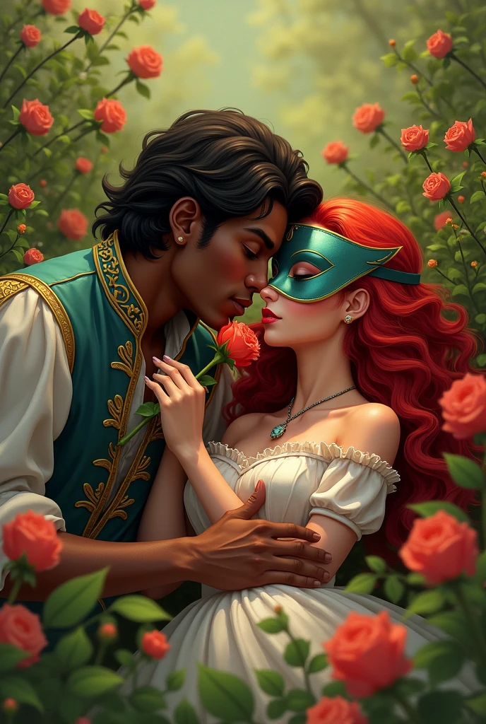 In a lush and green environment with flowers, two people - a prince and a princess are lying down, The princess has red hair and a mask.The prince was dark-skinned and very handsome., and was giving a red rose to the princess, The prince is white-skinned and handsome., and they lie on the ground, The prince has WHITE SKIN, AND THEY ARE LYING ON THE FLOOR. THE PRINCESS HAS A MASK ON HER FACE.

