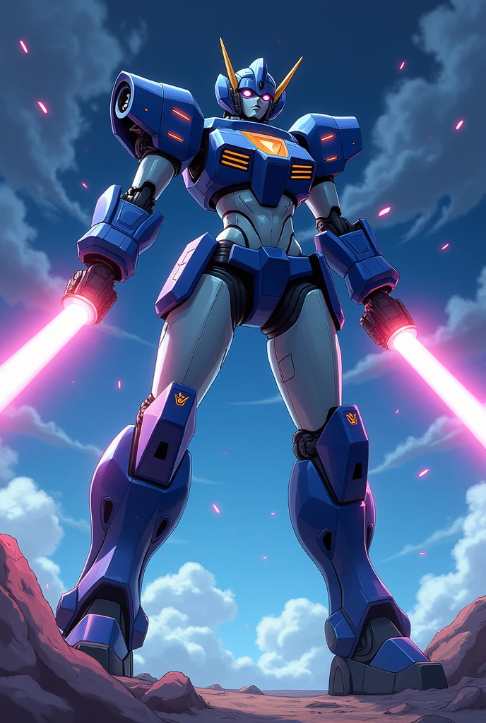 anime, Giant Robot, Uplifting,Junmin, A full-body image of an indigo and navy blue female super robot fighting with lasers coming out of its hands, Muscular, Simple Background,universe, 