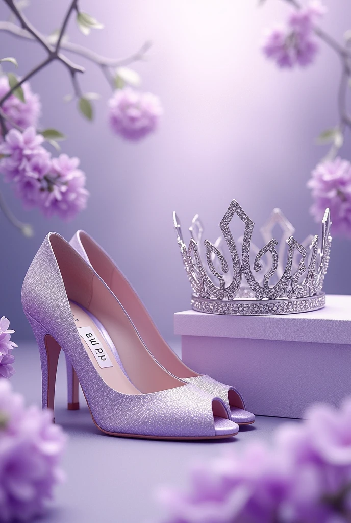 Illustration of a pair of women&#39;s lilac-colored high-heeled shoes with silver glitter next to a silver and lilac crown, which bears the name of very beautifully and brilliantly "sofia" and the phrase "my 15 years" with shiny metallic letters, on a background of lilac flowers, white and silver.