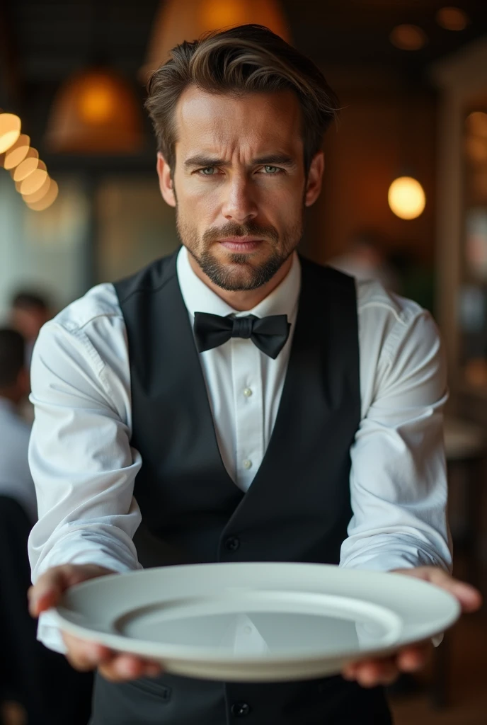 A waiter serving a empty plate neare camera more nare to us male waiter with serious not angry face not angry face not angry face
