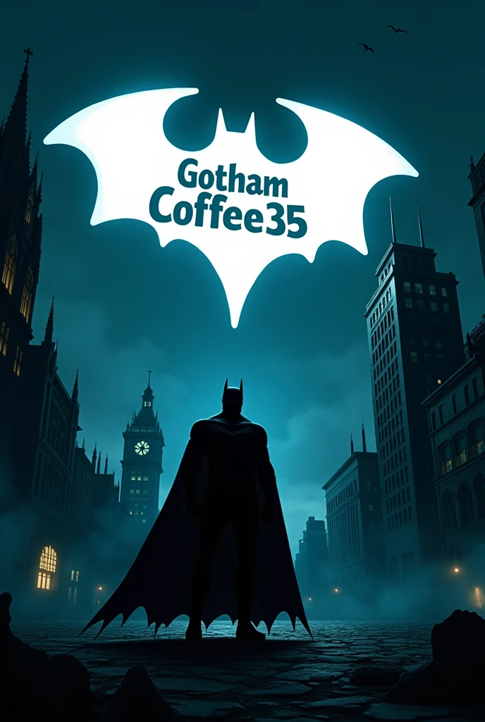 gotham city la nuit avec une bat-projection blanche dans le ciel ou y'a ecrit sur la bat-projection dessus Gotham Coffe35 en blanc en cartoon