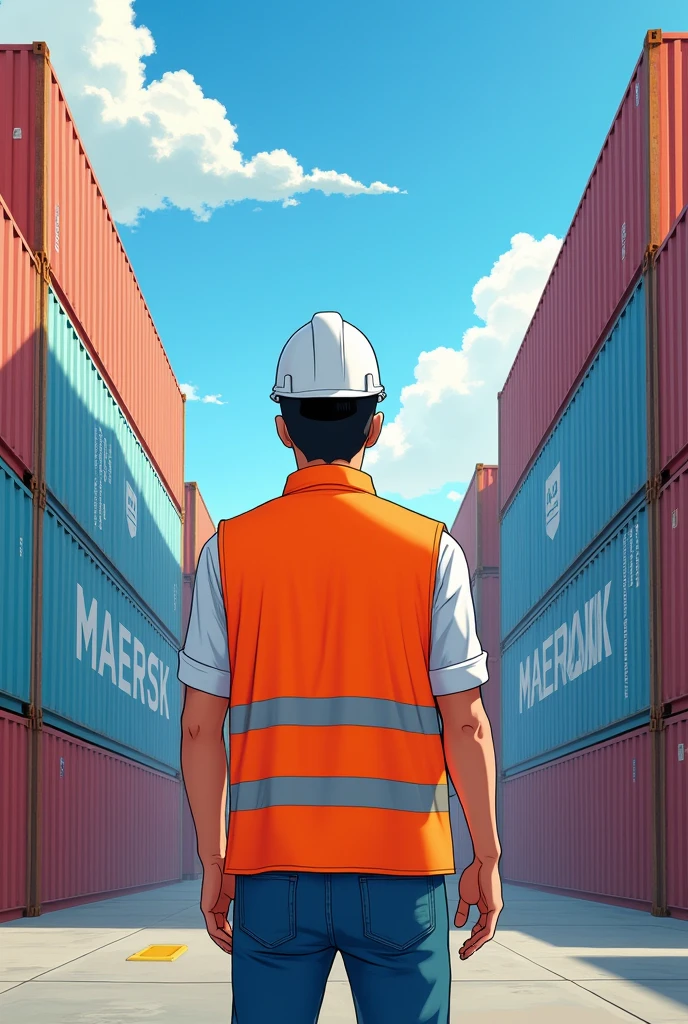 Hello, give me the image of a 2 man., who is a professional in International Business, clothing have customs worker clothes white helmet, orange safety vest and jeans, in the background is the DP WORLD port with Maersk containers, that has a hairstyle with a side part, black hair, and it has a watercolor outline, and the image can be seen up to the knee, that it be in the style of Studio Ghibli, and let his name Jorge Garcia come out, but he should be facing you and not have glasses on., but from Studio Ghibli, Add that the text reads International Business