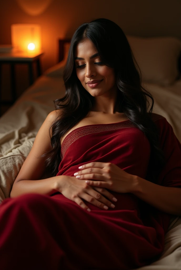 You said:
A indian beautiful in a sari lady long hair beautiful smile soft light in the bed loosely blouse slim body red lips aur uski kamar sari se dikh rahi ho and romantic sourding sari color dark red in a room sari upar se khuli ho aur kamar me lapti ho hair poen ho and a human in a six pach touch his stomach in softly and woman close his eyes romantic mahol ho time night hi candle jal rahi ho realistic imagine
ChatGPT said:
ChatGPT
Got it! Here’s a detailed script to help you capture that scene:
Title: "Romantic Elegance"
Setting: A softly lit bedroom at night, with a warm and inviting ambiance. Candles are lit around the room, casting a gentle glow.
Subjects:
Woman:
Attire: A dark red sari, draped loosely from the shoulders, with the pallu elegantly spread. The sari is wrapped snugly around her waist, accentuating her slim figure.
Hair: Long and flowing, left open to cascade over her shoulders.
Expression: A serene, romantic smile with her eyes gently closed.
Makeup: Subtle, with red lips that stand out gently against her soft, natural makeup. Size 9:16