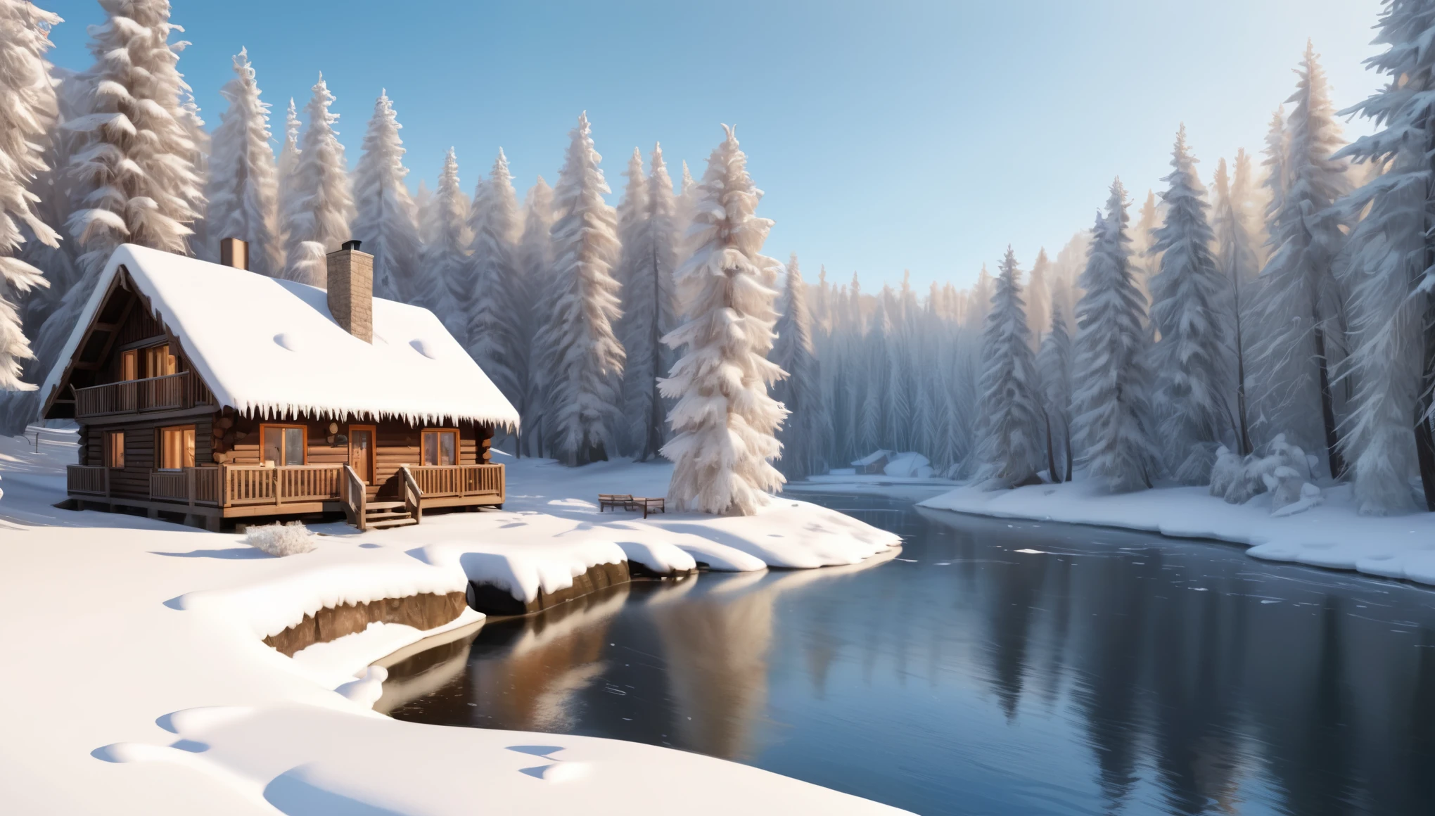 ((a snowy winter landscape)), a beautiful snow-covered forest, snow-covered trees, snowflakes falling, a frozen lake or pond, a cozy cabin in the woods, a warm fireplace inside the cabin, a deer or other wildlife in the scene, (best quality,4k,8k,highres,masterpiece:1.2),ultra-detailed,(realistic,photorealistic,photo-realistic:1.37),landscape, winter, cold, frozen, serene, peaceful, tranquil, soft lighting, muted colors