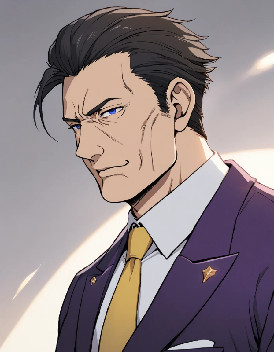 1man, (mature father in hentai anime style, dandy president, olive hair), darkblue eyes, arafed businessman hairstyle, spiky hair slicked back, ideal ratio body proportions, BREAK (over 40s, elder producer, toned dilettante, ordinary, high cheekbones, broad shoulder, square shaped face, handsome), BREAK (violet formal jacket, purplewhite shirt, yellow necktie, simple costume), BREAK solid smile, cool emotion, BREAK solo, upperlegs, smart expression, animated color, 2000s, visual novel, in nitroplus style, BREAK depth of field, dutch angle, cinematic shadows, cinematic lighting, lens flare, light leaks, texture, absurdres absolutely resolution, extreme all detailed, greatest painting, BREAK masterpiece, best quality, BREAK score_9, score_8_up, score_7_up, source_anime, rating_safe, score_6_up, score_5_up, score_4_up