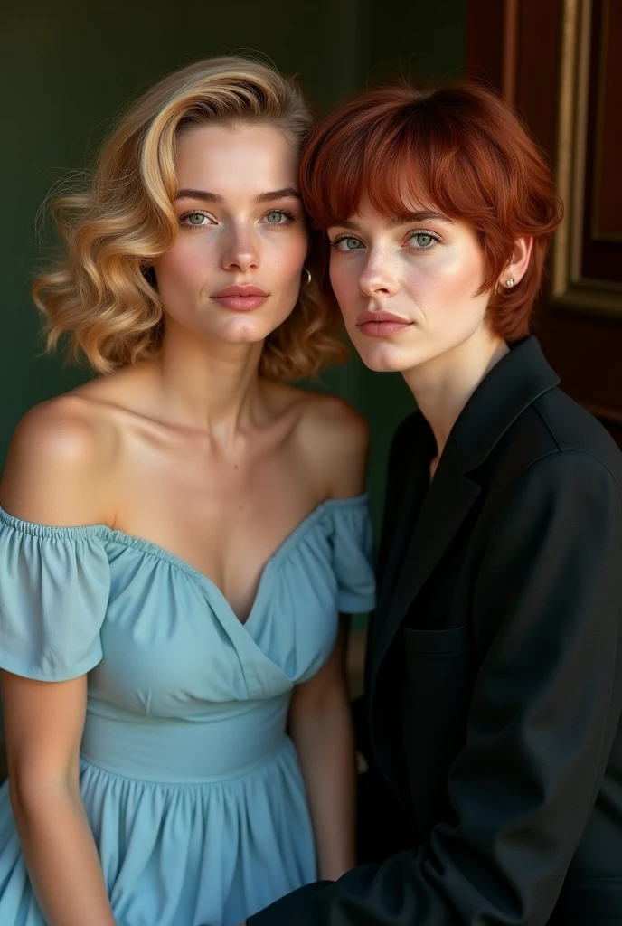 Two beautiful women sitting side by side, appearing to pose for a photograph. On the left is a 2 version of actress Grace Kelly. Grace has wavy, light strawberry blonde hair styled in soft waves, wearing a modest, sky blue chiffon dress that radiates elegance. On the right is a 2 actress Emma Myers. Emma has short, dark red hair with a slightly tousled look, dressed in black alt clothing that exudes a sense of edge and grunge. The women are positioned close together, creating a striking contrast between Grace's classic refinement and Emma's modern, rebellious style.