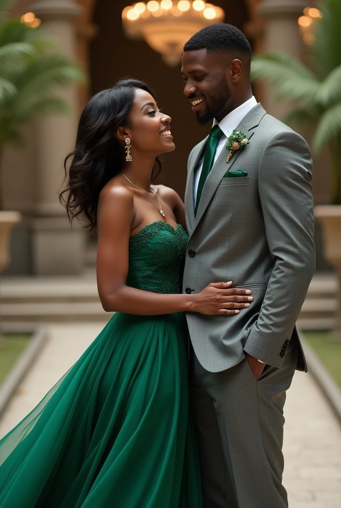 Beautiful black couple in a wedding. The woman wearing a green dress, and the man wearing a gray suit with a green tie.