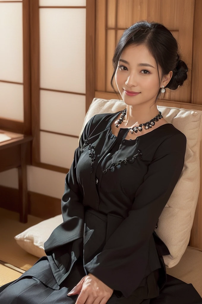((One woman,The most beautiful faces in Japan,40 years,Old face,A MILF,There are wrinkles at the corners of the eyes,Pregnancy,Big belly,A detailed face,Perfect gas chamber,Looking at the camera,View here)),((((Black shirt,Black suit jacket,Black skirt,Black mourning clothes)))),((pearls necklace,Classy hairstyle,natural make up,The chest is very bulging,Smile here,Lowered eyebrows,drooping eyebrows,Staring at them with an adorable expression,Sitting in a Japanese-style room,Japanese-style tatami room,shoji,,Seowon Building,Sitting on a cushion in a room in Japan,Looking at the camera,look at a camera,Take a photo above from your lap)),((Turn to this,View here,Perfect fingers,perfect arms,Detailed background,top-quality,The ultra -The high-definition,Perfect Anatomy,high-definition RAW color photography,professional photograpy, extremely delicate and beautiful, Extremely detailed,finely detail, Huge file size,Top image quality,8k,Award-Winning Works,masutepiece))