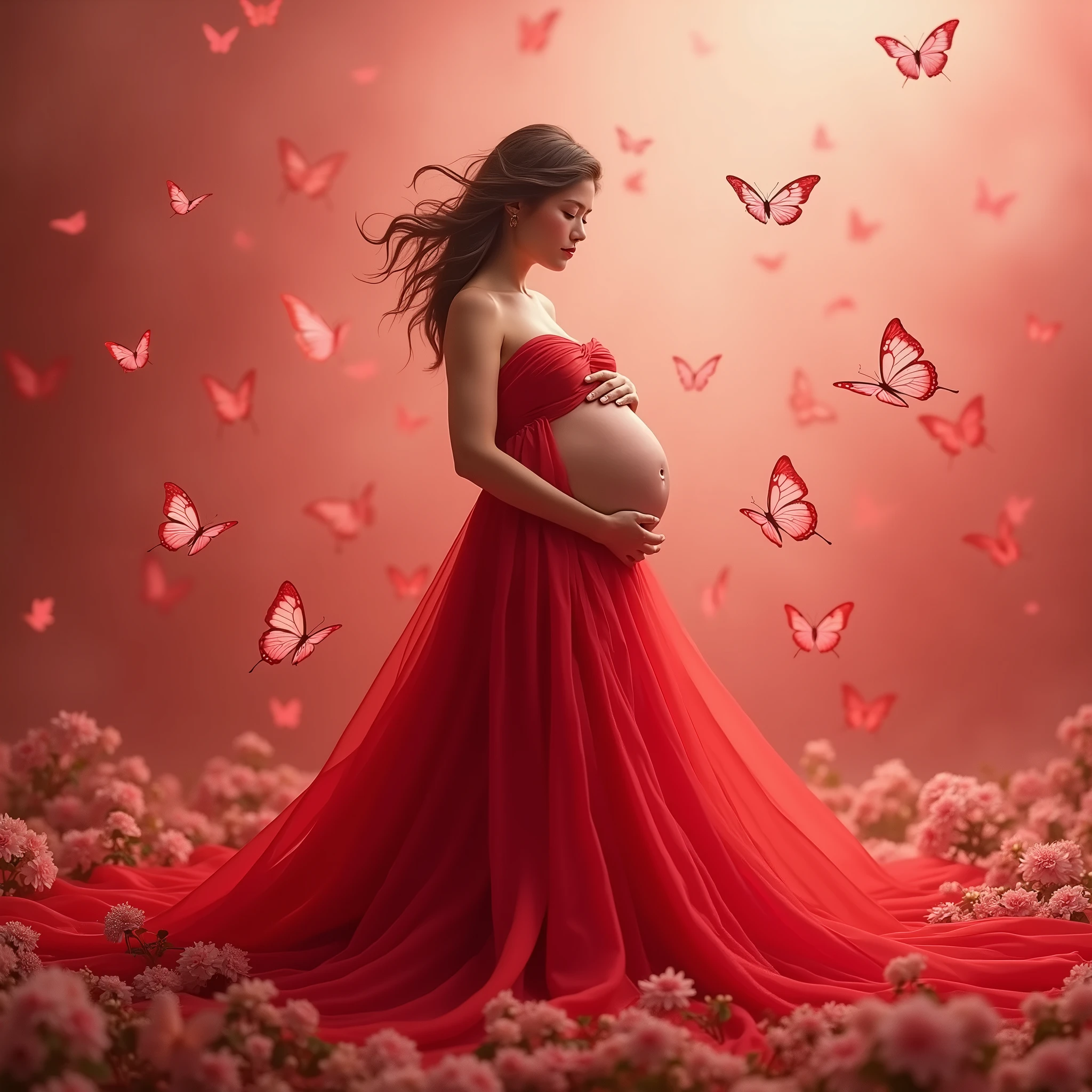 red gown , A pregnant woman stands amidst a flurry of pink and white butterflies, her flowing red dress cascading around her like a waterfall. She cradles her belly with both hands, embodying the serene beauty of anticipation. The backdrop is a soft red gradient, adorned with scattered flowers in hues of pink and white, enhancing the ethereal atmosphere.