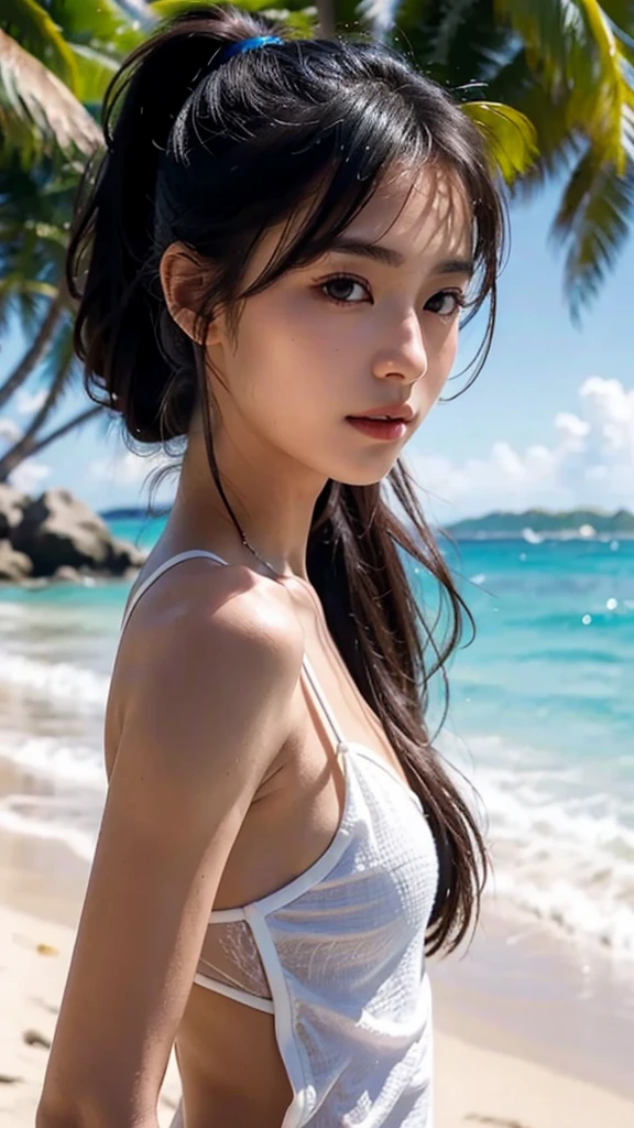 body shot,micro bikini,outdoor,beach,Body in front,masutepiece, The highest image quality, High quality, the background is clear,Beautiful woman, Japanese, Detailed, Ultra-detailed, finely detail, hight resolution, 8K Wallpaper, Perfect dynamic composition, Beautiful detailed eyes ,Detailed eyes, Detailed skin, Beautiful skin, 超hight resolution, (reality: 1.4),Very beautiful woman, Slightly younger face, Beautiful skin, slender, (Ultra photo realsisim), (hight resolution), (8K), (Very detailed) (beautifully detailed eyes), (super detailed), (Detailed face), view the viewer, Fine details, Detailed face, Staring straight ahead, Staring straight ahead, photos realistic, Bright lighting, Professional Lighting, Black hair,poneyTail,a baby face,sixteen years old,Hairstyle: ponytail,Long ponytail hairstyle,slight smile,