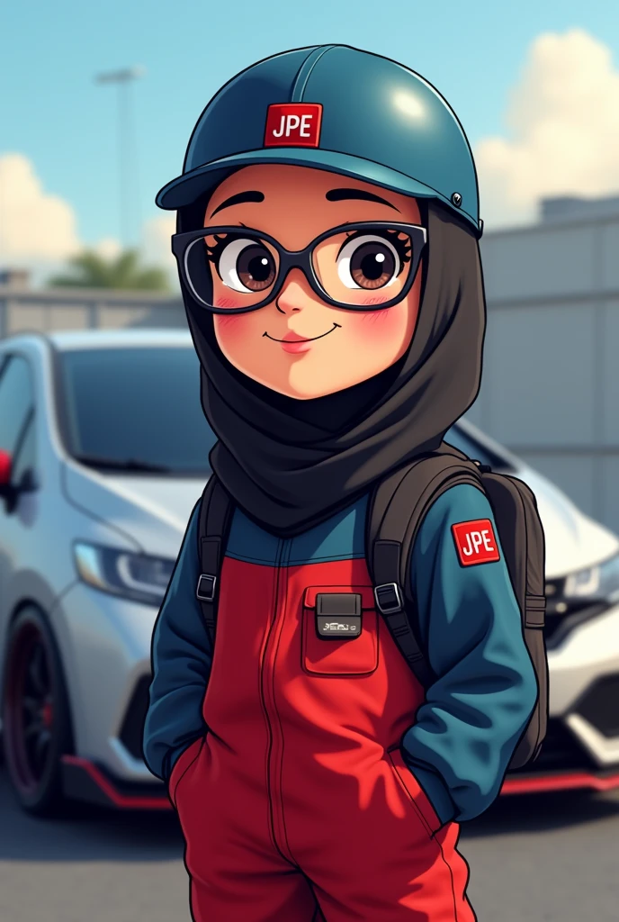chubby large girl with glasses wearing black hijab. wearing red and dark blue oil and gas coverall. black backpack, blue helmet with JPE logo font in red. modified silver honda jazz gk5 RS 2018 background. cartoon.
