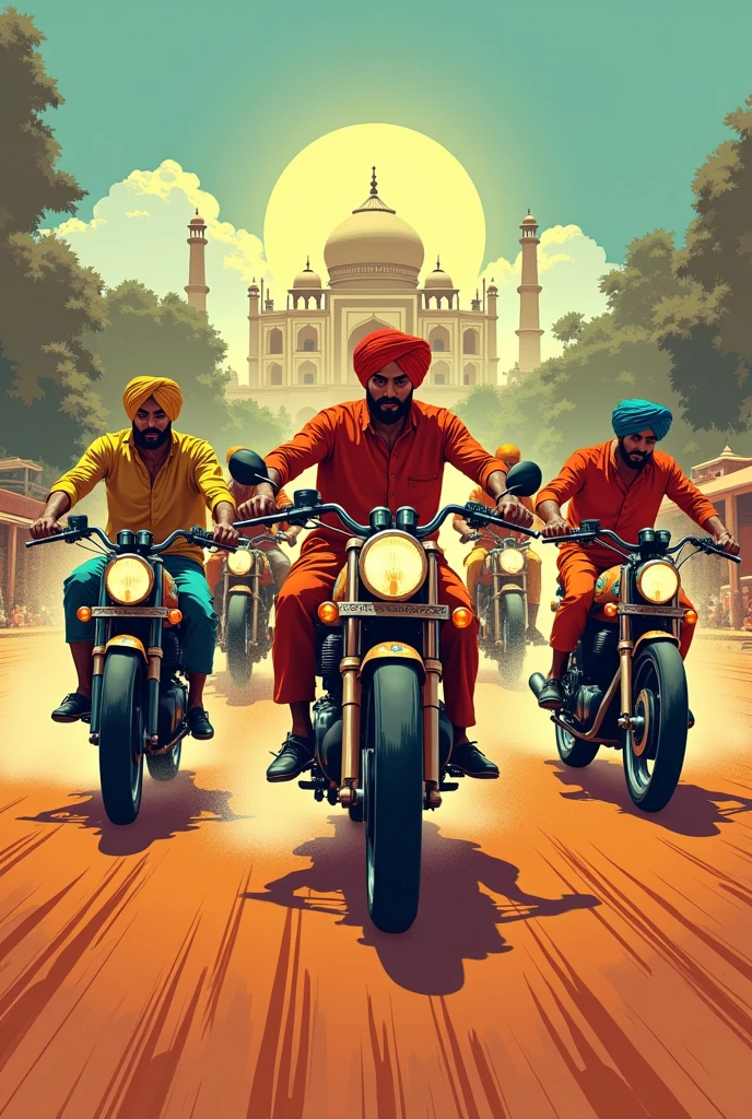 Create a slow motorcycle race poster. In Indian theme. There should be 5 bikers all in a straight line. Struggling to hold their bike still