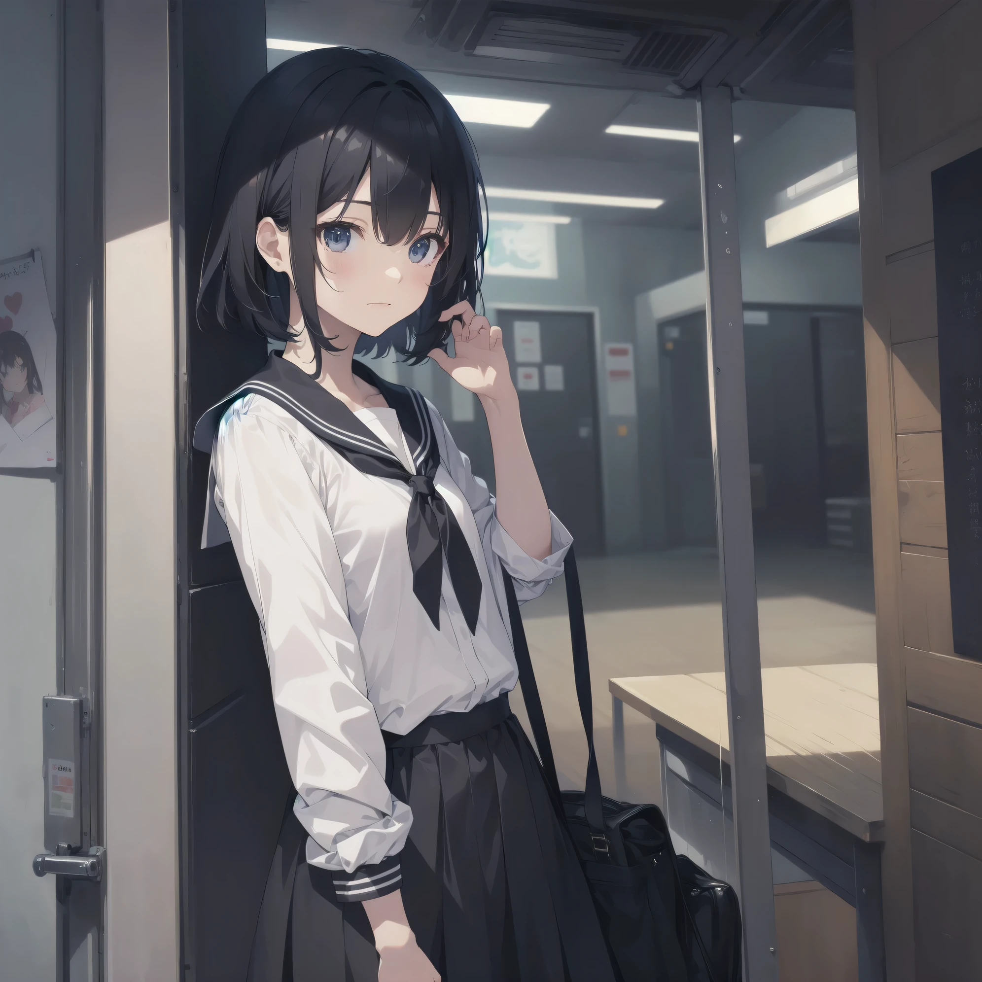 ultra-absurdres-Top quality by artist God, ultra-detailed, high resolution, anime moe artstyle, best anime 8k konachan wallpaper, pixiv contest winner, pool:2810, perfect anatomy,break, 1girl, (Please draw a girl walking sleepily to school alone. )break,(Solo,little female,15yo:1.3),Full limbs, complete fingers,a junior high school student, (very short hair), short cut, flat chest, , small butt, small black eyes, beautiful detailed eyes, well-proportioned iris and pupils, expressive eyes, highres detailed hair, soft expression, salor school_uniform, sailor collar, serahuku, bow, pleated skirt,(Detailed Lighting), (Detailed background), in the School commute route. break,super detailed skin, Best cinematic lighting powered by famous artist, 8k,beauty illustration,photoshop_(medium),very aesthetic,break,((artist:mery_(yangmalgage) )), artist:clamp ,artist:carnelian ,artist:kantoku ,