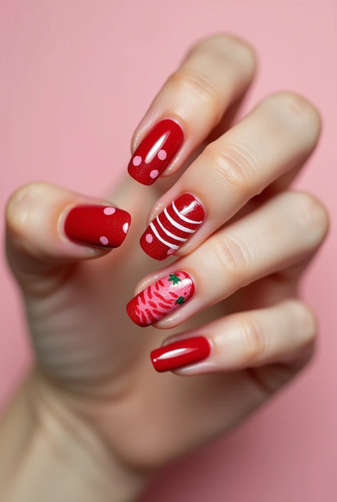 Red nails with pink strawberry cake design