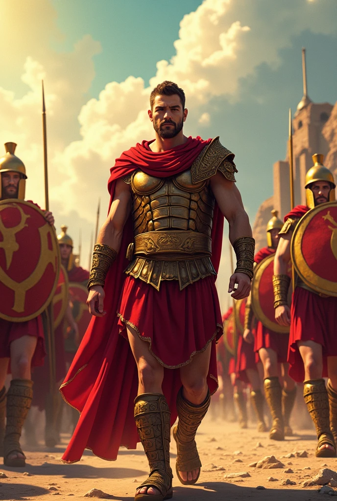 Menelaus from Greek mythology, rei de esparta, leading his army to the Trojan War, red armor. emblem of sparta on our shields. ((anime styling)). 
