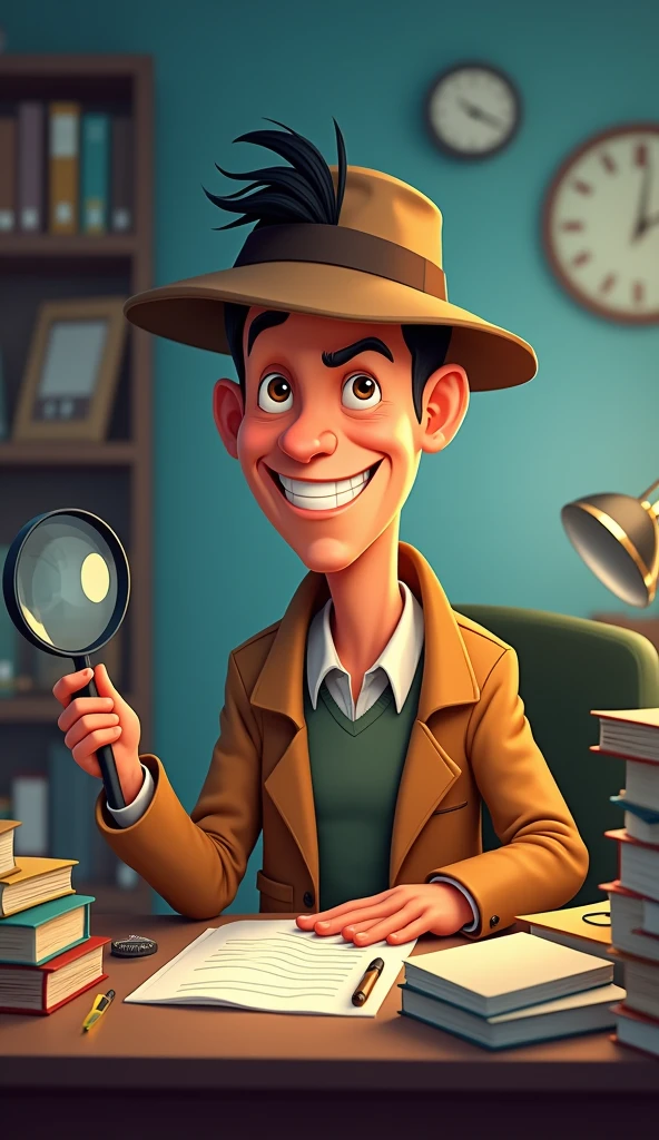 A cartoon-style detective with a big head, , and a mischievous grin. He is sitting at a cluttered desk with a magnifying glass in hand, thinking hard. His appearance slightly resembles Cristiano Ronaldo, but with exaggerated proportions. (High-resolution, cartoon detective with a big head and  sitting at a cluttered desk, mischievous smile, Cristiano Ronaldo-inspired face