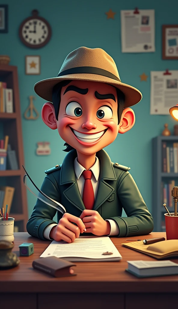 A cartoon-style detective with a big head, , and a mischievous grin. He is sitting at a cluttered desk with a magnifying glass in hand, thinking hard. His appearance slightly resembles Cristiano Ronaldo, but with exaggerated proportions. (High-resolution, cartoon detective with a big head and sitting at a cluttered desk, mischievous smile, Cristiano Ronaldo-inspired face